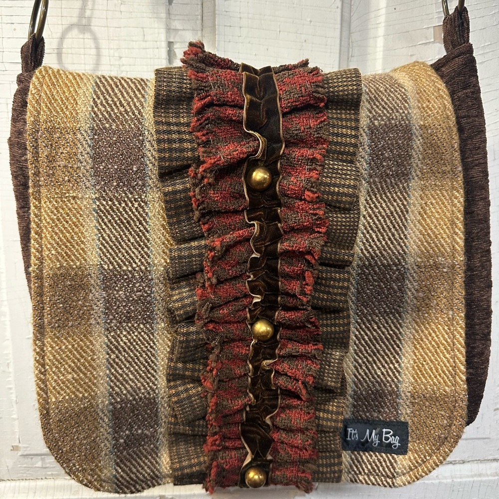 Plaid Brown and Tan crossbody bag with BoHo flare